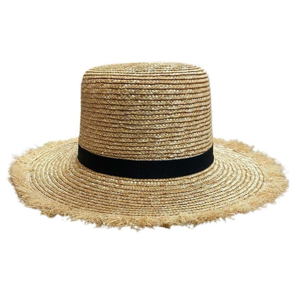 Hat Attack Shore Hat Natural Black Wheat Straw Frayed Brim Boater Sun Hat - Picture 2 of 8